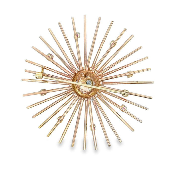 Vintage Retro 1940s Ruby and Diamond Sunburst Brooch in Rose Gold