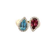 Aquamarine and Pink Tourmaline Bypass Ring in Yellow Gold