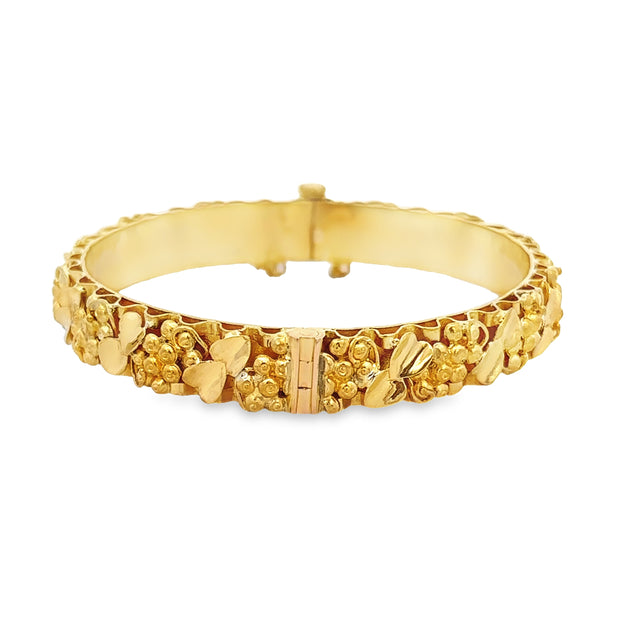 Heavy Textured Floral Leaves Bangle Bracelet in 23k Gold
