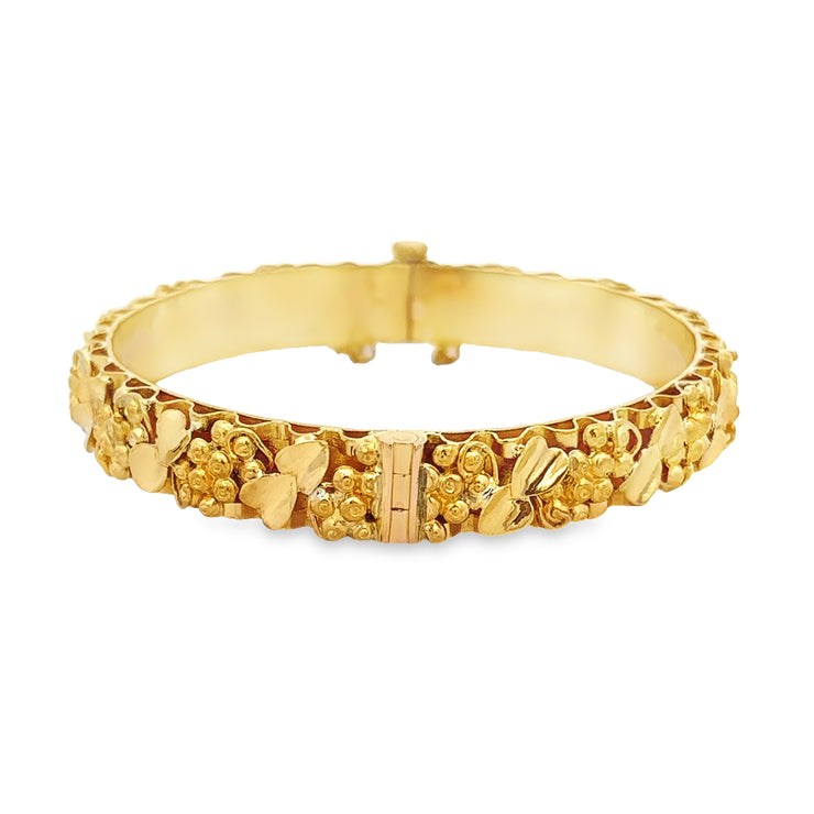 Heavy Textured Floral Leaves Bangle Bracelet in 23k Gold