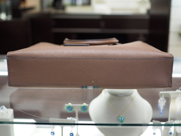 Prada Men's Brown Striped Saffiano Leather Open Tote Bag