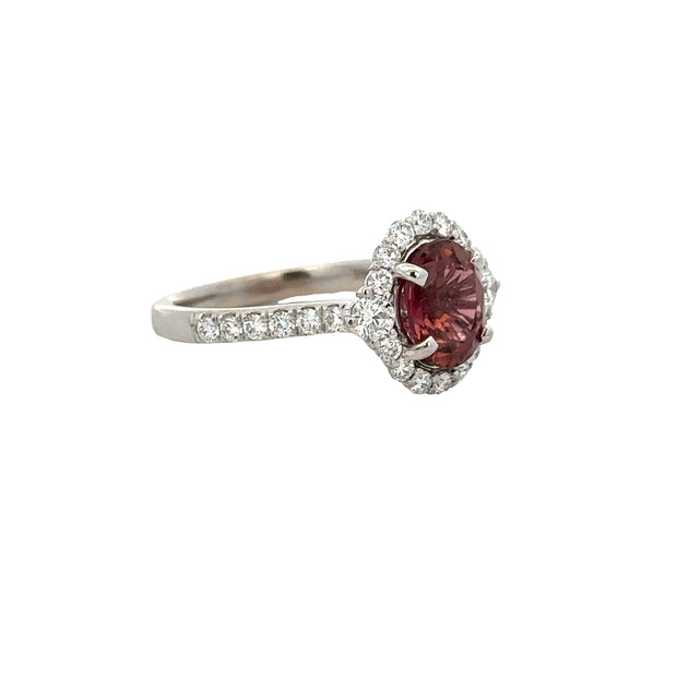 Pink Tourmaline and Diamond Halo Ring in White Gold