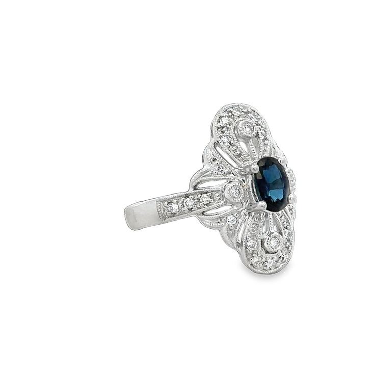 Vintage Inspired Sapphire and Diamond Cocktail Ring in White Gold