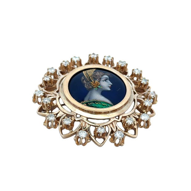 Handpainted French Enamel Cameo with Diamonds