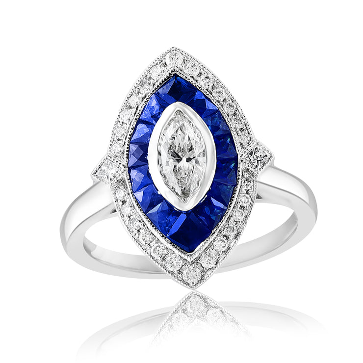 Art Deco Inspired Marquise Shape Diamond and Sapphire Ring