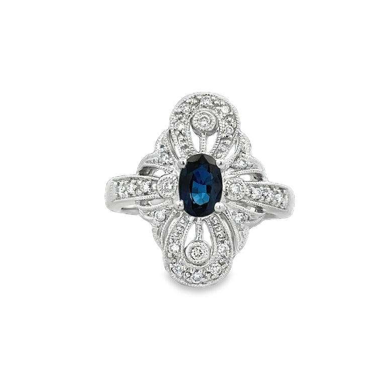 Vintage Inspired Sapphire and Diamond Cocktail Ring in White Gold