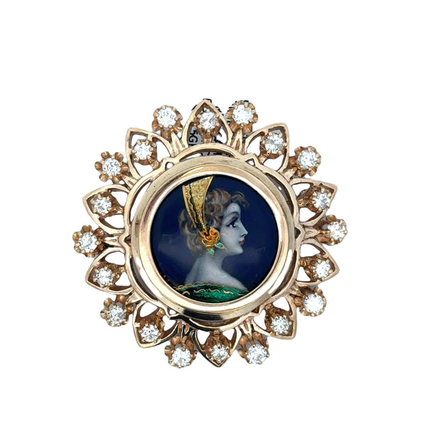 Handpainted French Enamel Cameo with Diamonds