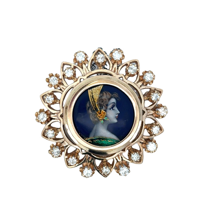 Handpainted French Enamel Cameo with Diamonds