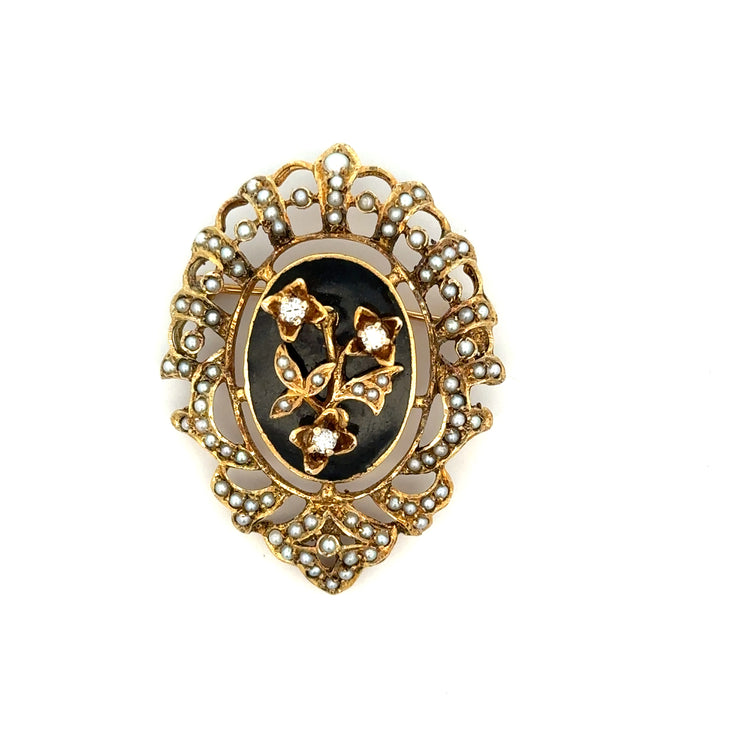 Vintage Onyx, Seed Pearl and Diamond Brooch in Yellow Gold