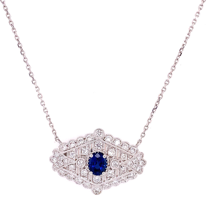 Vintage Inspired Sapphire and Diamond Necklace in White Gold